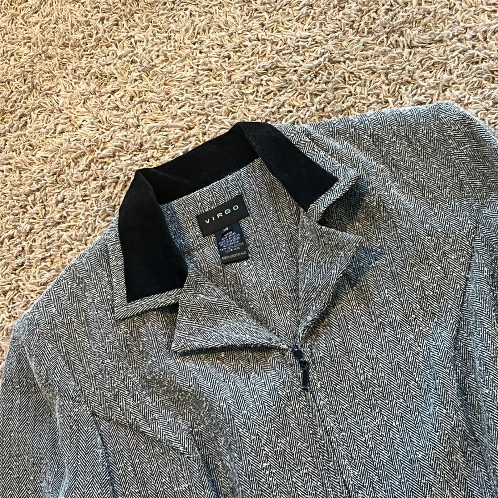 Virgo‎ Womens Grey Herringbone Zip Front Blazer Jacket Black Trim Size 14